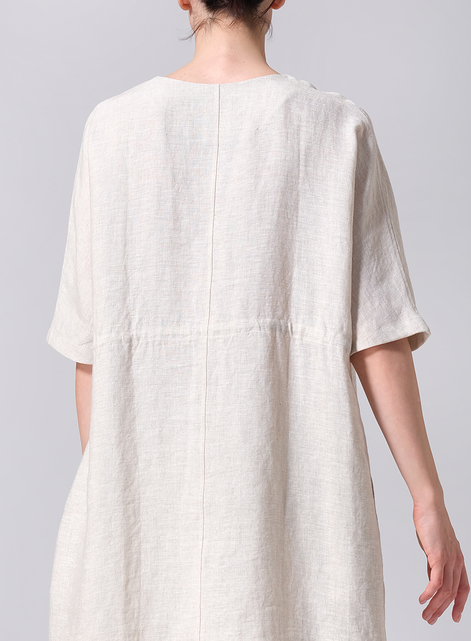 Linen Drawstring Half Sleeve Tunic Dress