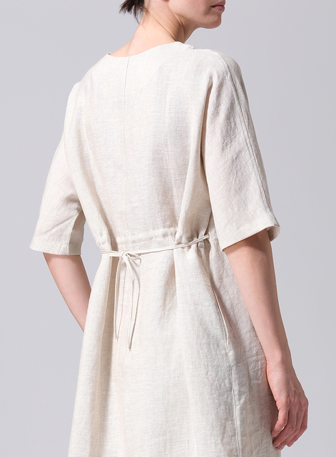 Linen Drawstring Half Sleeve Tunic Dress