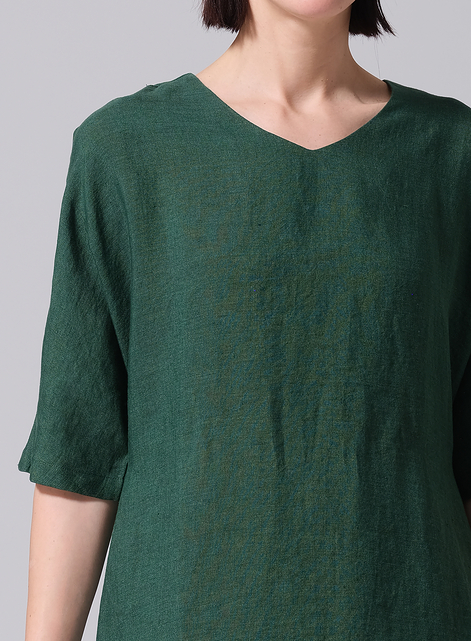 Linen Drawstring Half Sleeve Tunic Dress