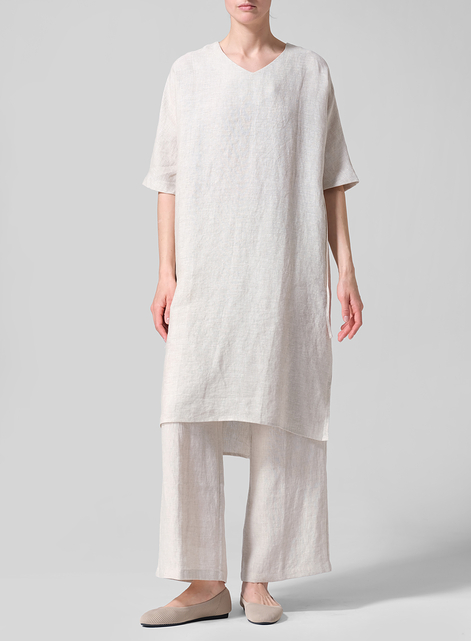 Linen Drawstring Half Sleeve Tunic Dress