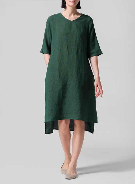 Linen Drawstring Half Sleeve Tunic Dress