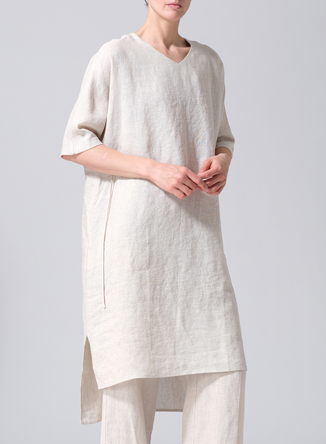 Linen Drawstring Half Sleeve Tunic Dress