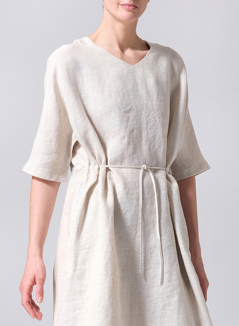 Linen Drawstring Half Sleeve Tunic Dress