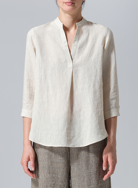 Linen Half-Open Collar V-Neck Shirt