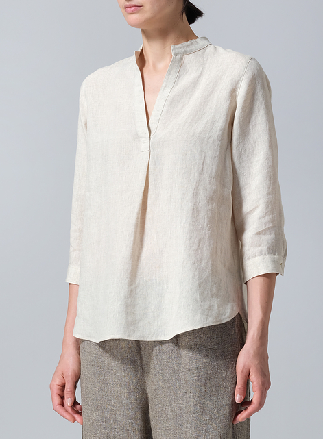 Linen Half-Open Collar V-Neck Shirt