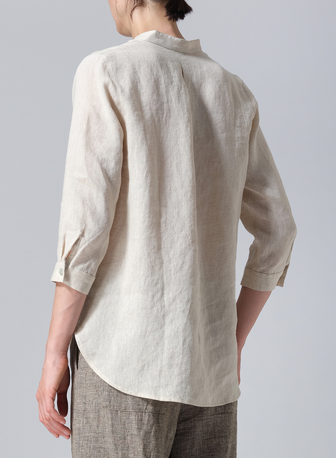 Linen Half-Open Collar V-Neck Shirt