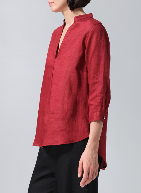 Linen Half-Open Collar V-Neck Shirt