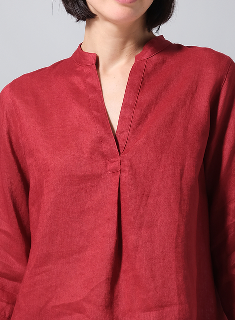 Linen Half-Open Collar V-Neck Shirt