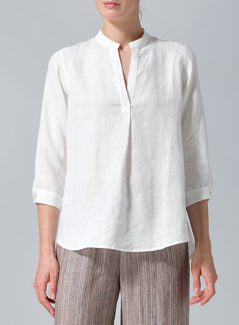 Linen Half-Open Collar V-Neck Shirt