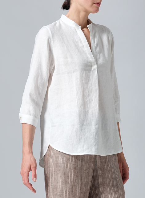 Linen Half-Open Collar V-Neck Shirt