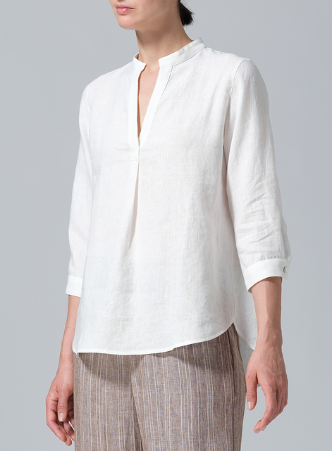 Linen Half-Open Collar V-Neck Shirt
