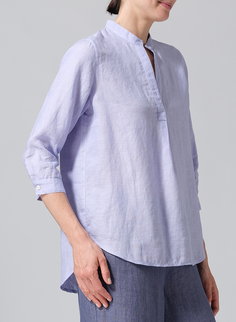 Linen Half-Open Collar V-Neck Shirt