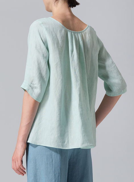 Linen Relaxed Scoop Neckline A-Shape Blouse