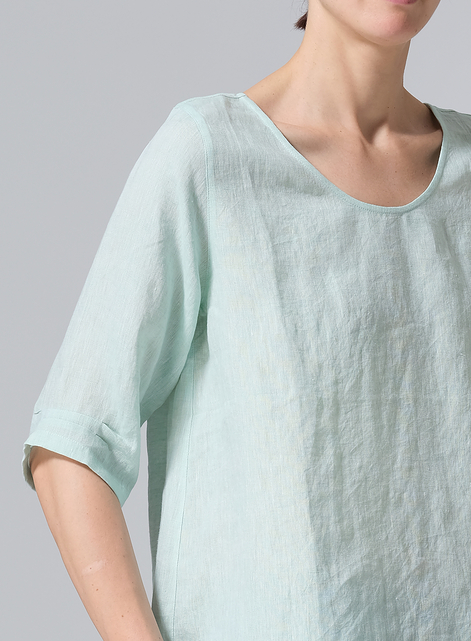 Linen Relaxed Scoop Neckline A-Shape Blouse