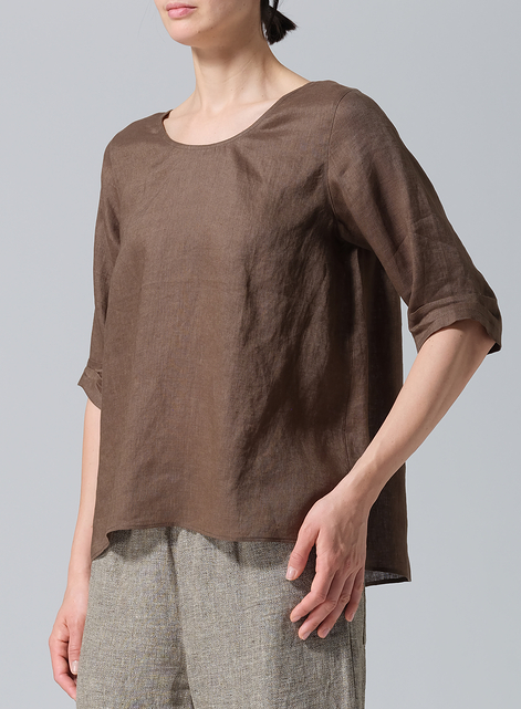 Linen Relaxed Scoop Neckline A-Shape Blouse