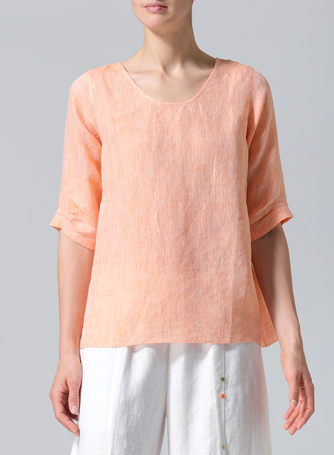 Linen Relaxed Scoop Neckline A-Shape Blouse