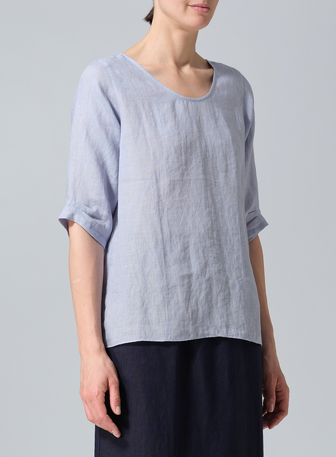 Linen Relaxed Scoop Neckline A-Shape Blouse