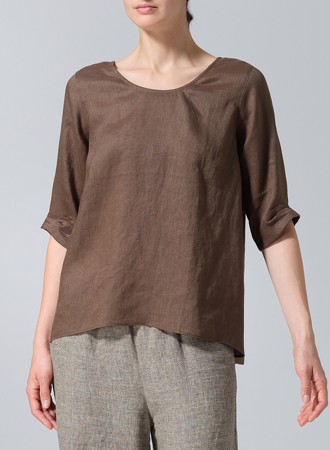 Linen Relaxed Scoop Neckline A-Shape Blouse
