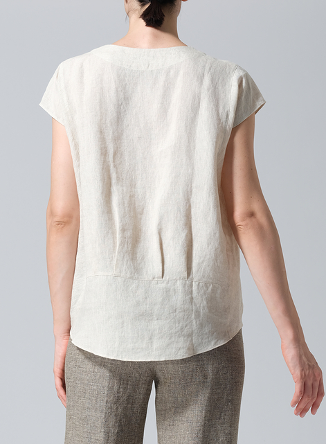 Linen Boxy Cap Sleeved Crew Neck Top