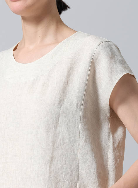 Linen Boxy Cap Sleeved Crew Neck Top