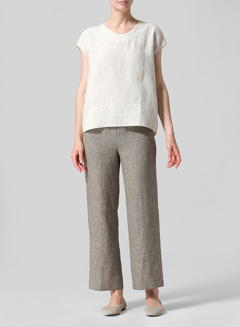 Linen Boxy Cap Sleeved Crew Neck Top