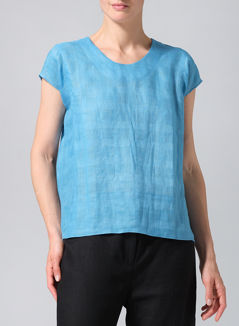 Linen Boxy Cap Sleeved Crew Neck Top