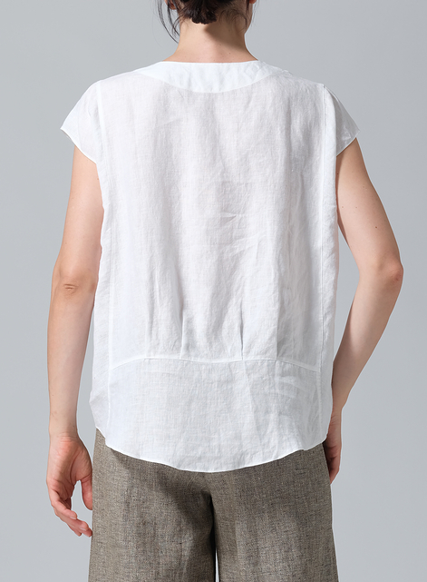 Linen Boxy Cap Sleeved Crew Neck Top