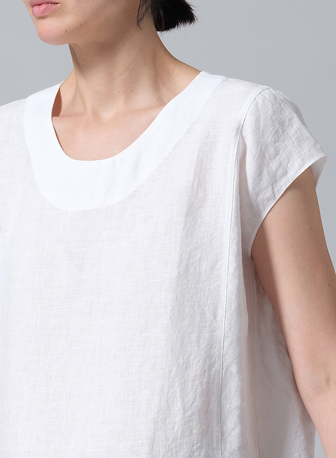 Linen Boxy Cap Sleeved Crew Neck Top