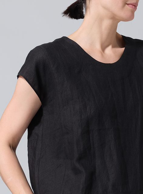 Linen Boxy Cap Sleeved Crew Neck Top