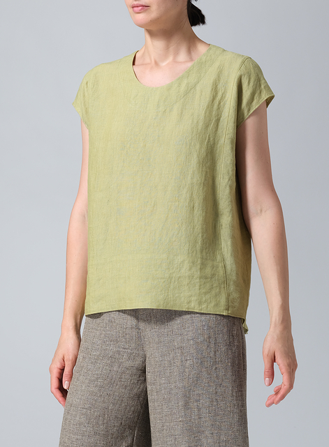 Linen Boxy Cap Sleeved Crew Neck Top