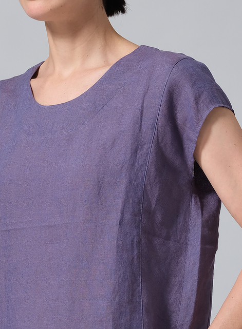 Linen Boxy Cap Sleeved Crew Neck Top