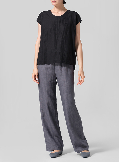 Linen Boxy Cap Sleeved Crew Neck Top