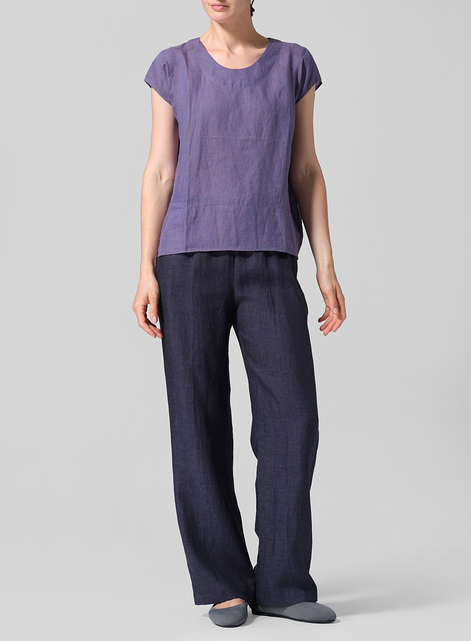 Linen Boxy Cap Sleeved Crew Neck Top