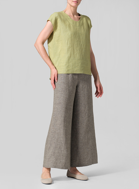 Linen Boxy Cap Sleeved Crew Neck Top