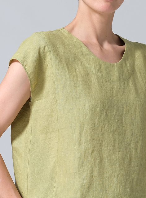 Linen Boxy Cap Sleeved Crew Neck Top