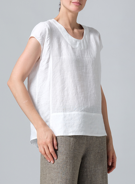 Linen Boxy Cap Sleeved Crew Neck Top