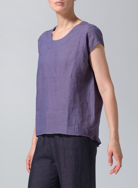 Linen Boxy Cap Sleeved Crew Neck Top