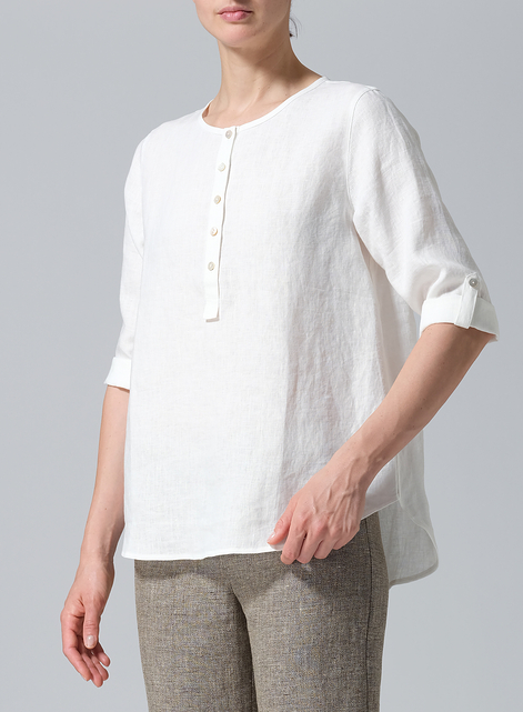 Linen Round Neck Half Button Mid-Length Top