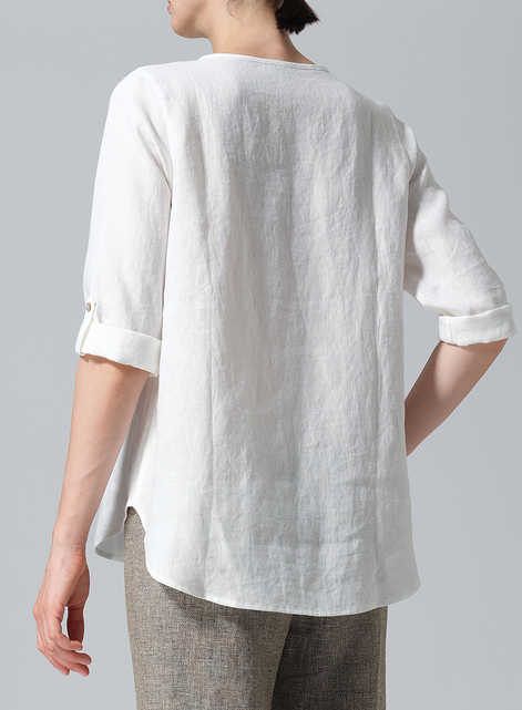 Linen Round Neck Half Button Mid-Length Top