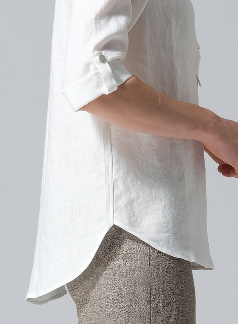 Linen Round Neck Half Button Mid-Length Top