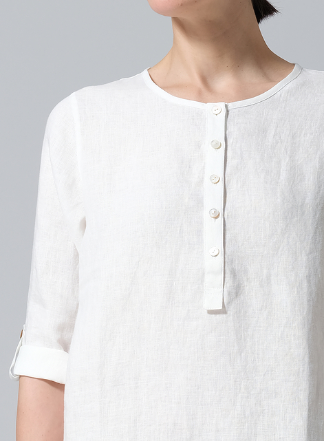 Linen Round Neck Half Button Mid-Length Top