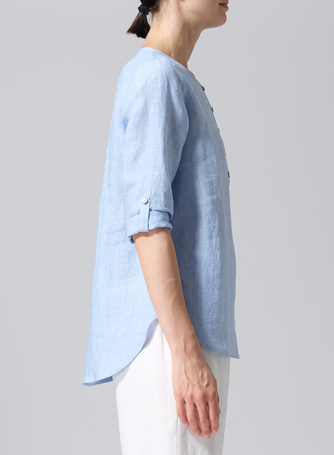 Linen Round Neck Half Button Mid-Length Top