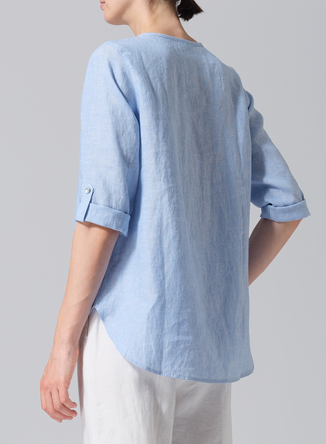 Linen Round Neck Half Button Mid-Length Top