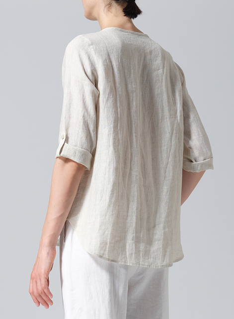 Linen Round Neck Half Button Mid-Length Top