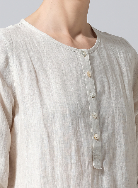 Linen Round Neck Half Button Mid-Length Top