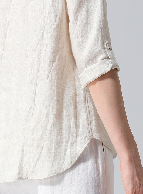 Linen Round Neck Half Button Mid-Length Top