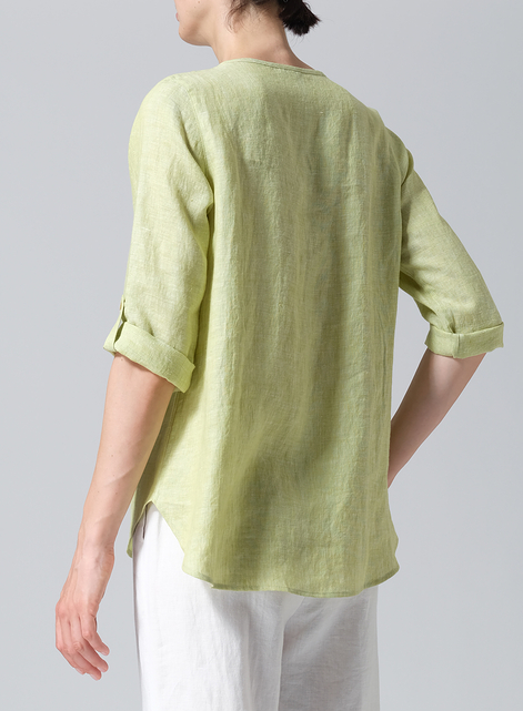 Linen Round Neck Half Button Mid-Length Top