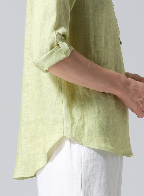 Linen Round Neck Half Button Mid-Length Top