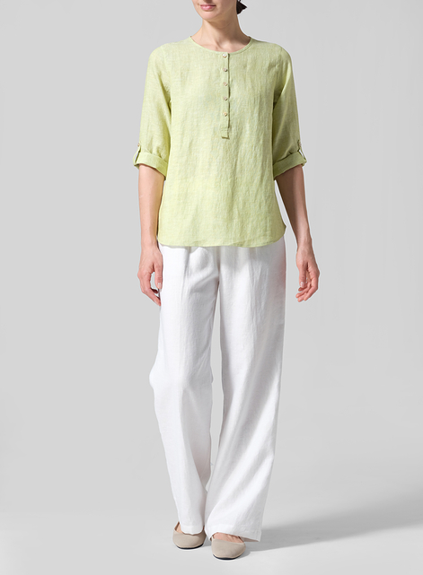 Linen Round Neck Half Button Mid-Length Top