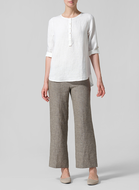 Linen Round Neck Half Button Mid-Length Top
